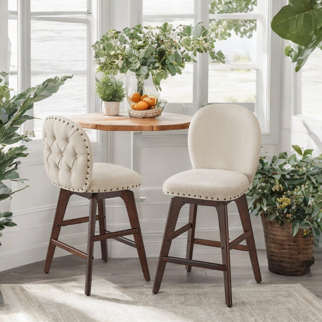 Set of 2 Swivel Bar Stools with Ergonomic Back, Chenille Fabric & Wood Legs, 26.2" Counter Height, 360° Rotation, Cappuccino Beige
