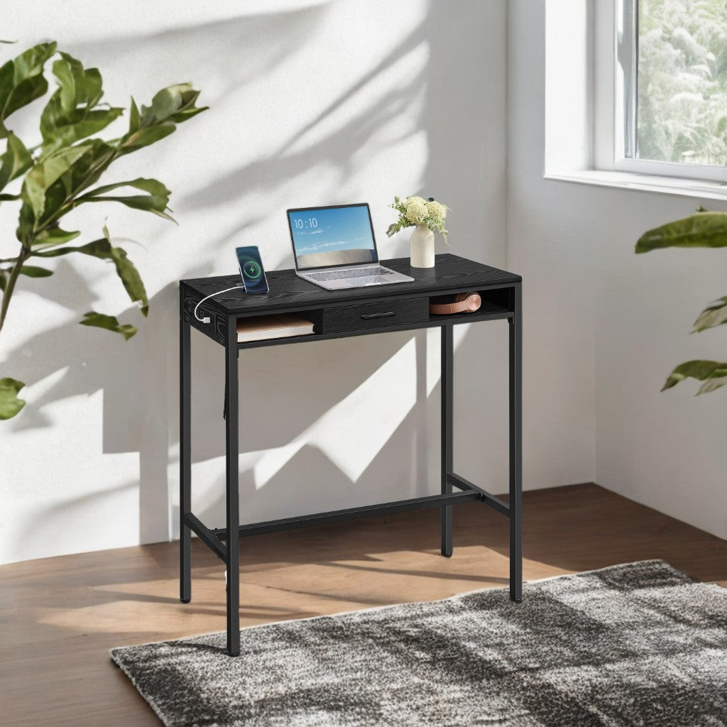 39.4" Bar Table with Power Outlets & Storage Drawer, Adjustable Height Pub Table with USB Ports & Hooks, Narrow Design, Ebony Black