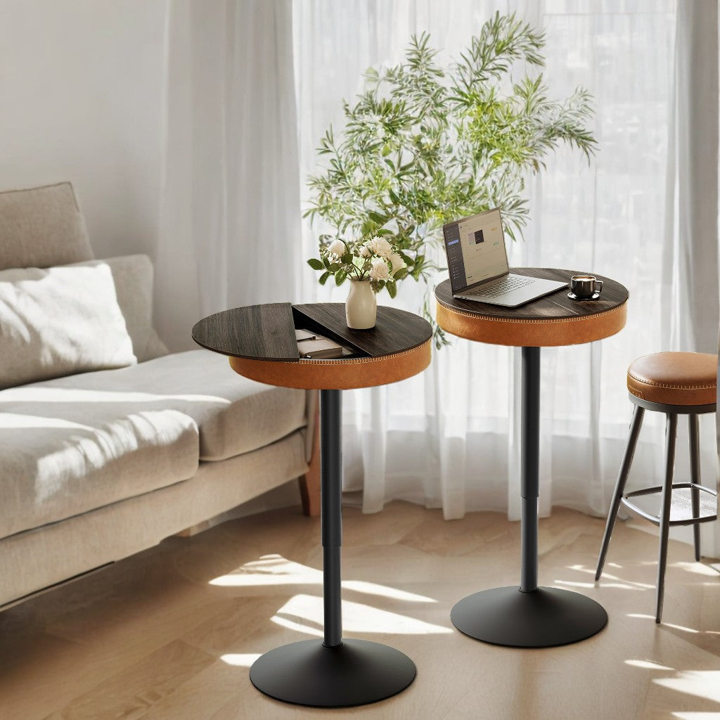 Round Bar Table - Height Adjustable (32.7"-41.3"), Mid-Century Modern Design, Hidden Storage, Synthetic Leather Top, Ash Brown and Caramel Brown