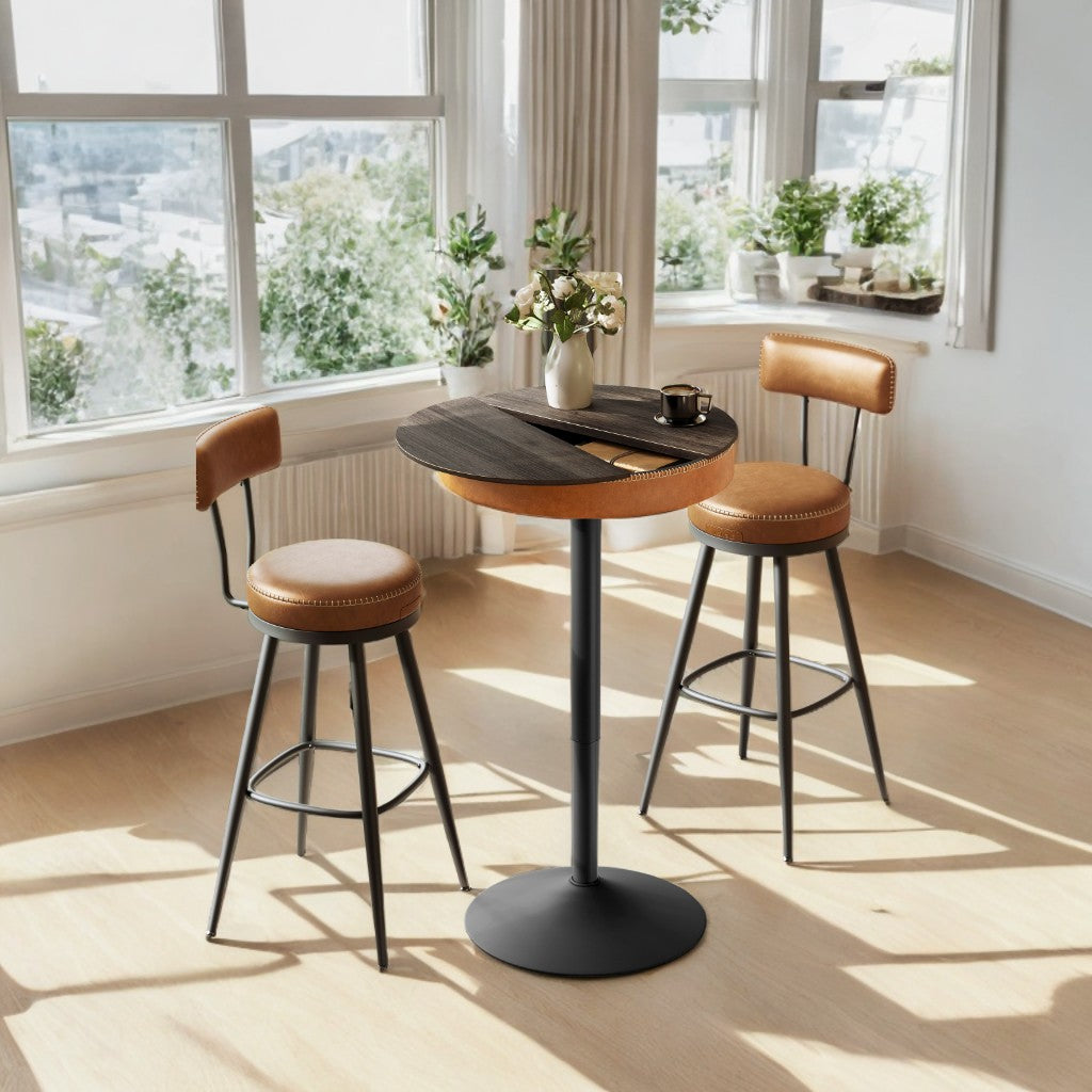 Round Bar Table - Height Adjustable (32.7"-41.3"), Mid-Century Modern Design, Hidden Storage, Synthetic Leather Top, Ash Brown and Caramel Brown