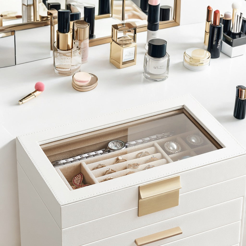 6-Layer Jewelry Organizer with Glass Lid & 5 Drawers, Modern Velvet-Lined Storage Box for Dresser/Vanity, Cloud White and Gold Color