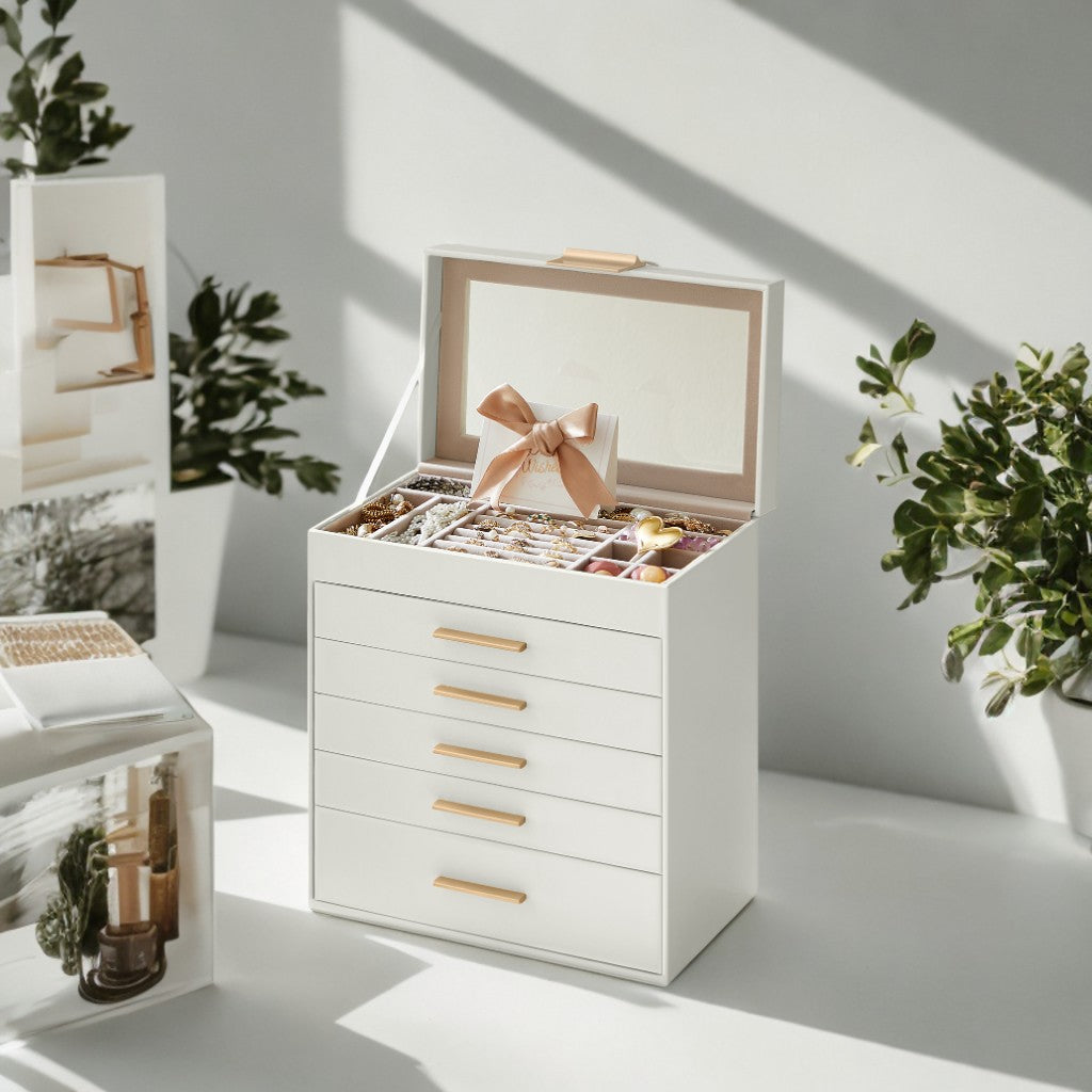 6-Layer Jewelry Organizer with Glass Lid & 5 Drawers, Modern Velvet-Lined Storage Box for Dresser/Vanity, Cloud White and Gold Color