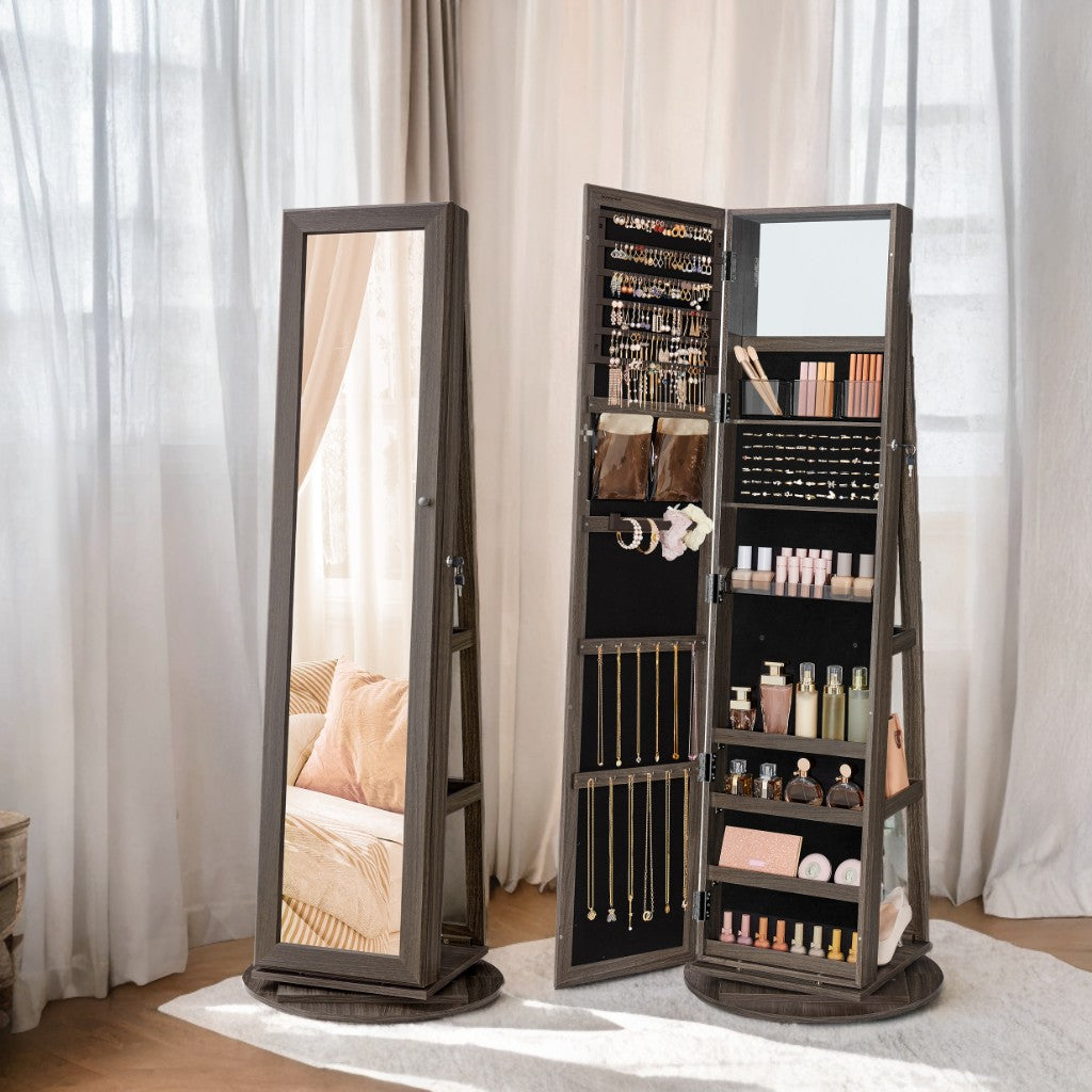 360° Swivel Jewelry Armoire with Full-Length Mirror, Lockable Storage for 120 Earrings/78 Rings, Jewelry Cabinet with Shelves, Ash Brown