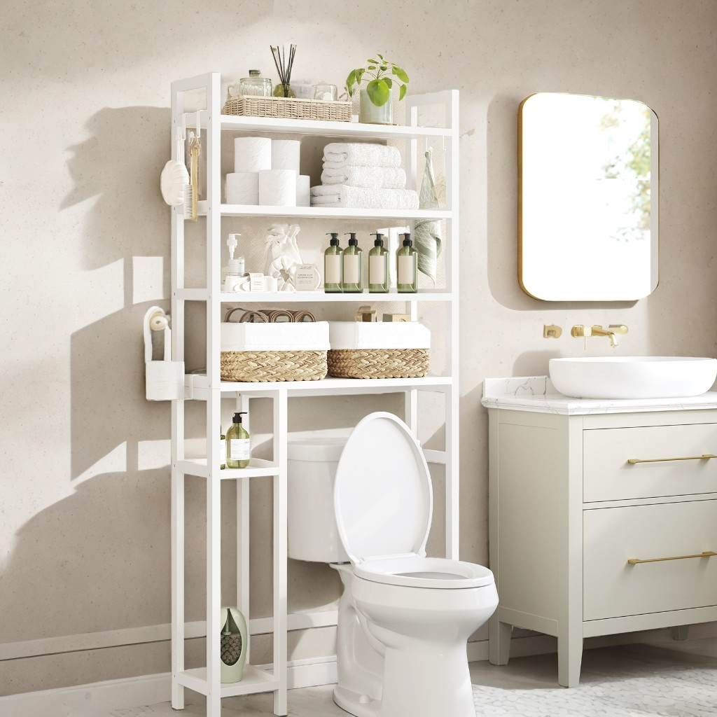 4-Tier Over-The-Toilet Storage Organizer with Adjustable Shelves & Hooks, Bamboo Bathroom Shelving Unit, Space-Saving Design, Cloud White