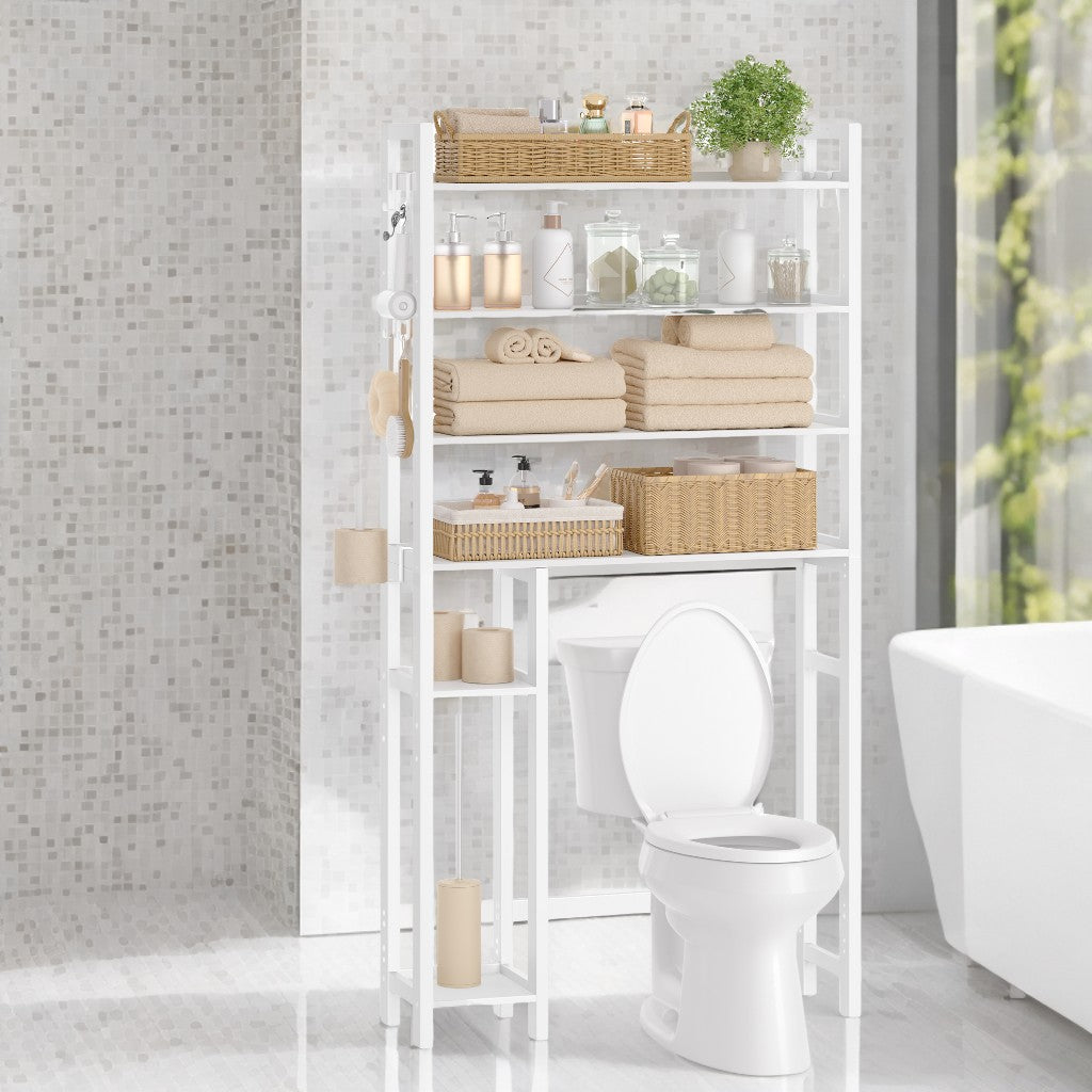 4-Tier Over-The-Toilet Storage Organizer with Adjustable Shelves & Hooks, Bamboo Bathroom Shelving Unit, Space-Saving Design, Cloud White
