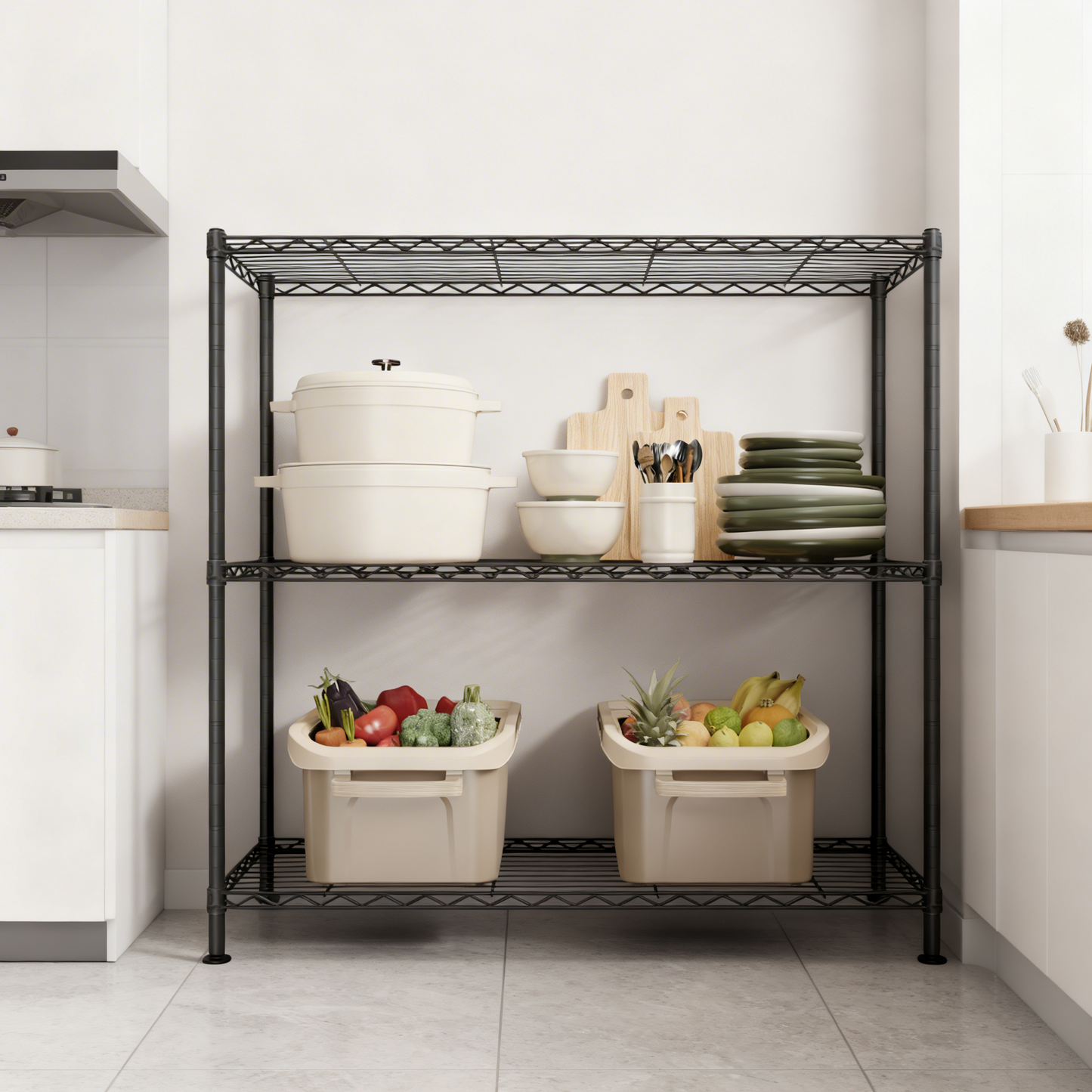 3-Tier Metal Wire Shelving Unit, Adjustable Storage Shelf with Steel Frame, for Garage, Kitchen, Pantry, 35.4 x 35.4 x 11.8 Inches, Ink Black