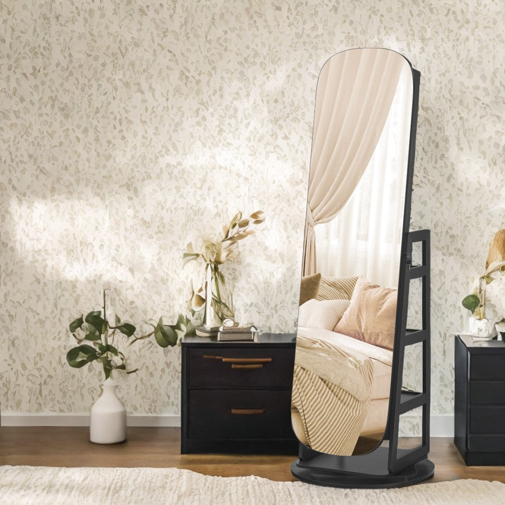 360° Swivel LED Jewelry Cabinet - Full-Length Mirror with 200+ Storage Slots, Lockable Drawers & Makeup Vanity, Ebony Black