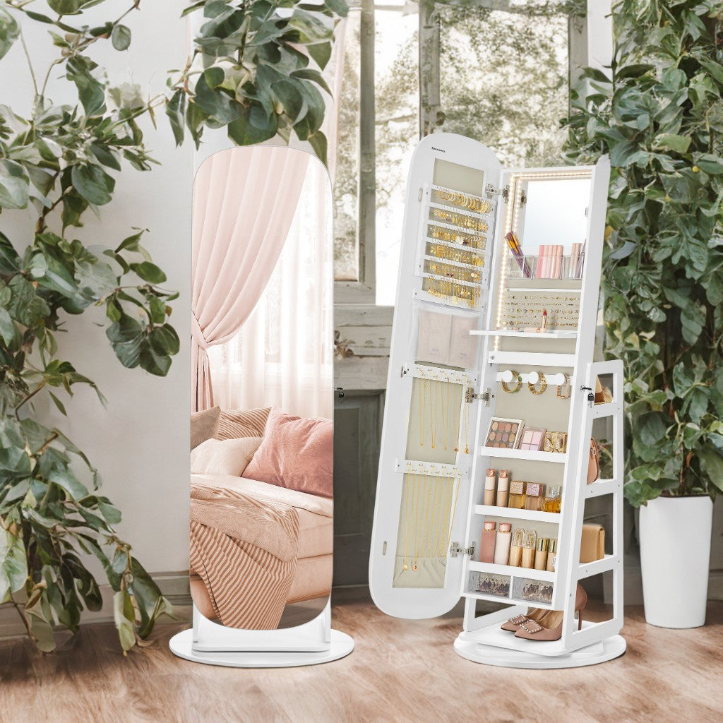 360° Swivel LED Jewelry Cabinet - Full-Length Mirror with 200+ Storage, Lockable Drawers & Makeup Vanity, Cloud White