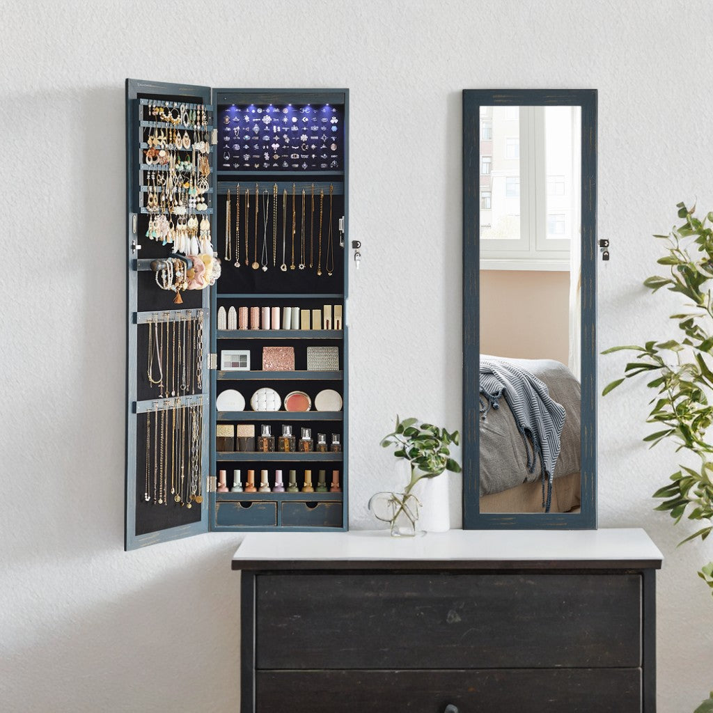 LED Jewelry Cabinet Organizer - 47" Wall/Door Mount Armoire with Full-Length Mirror, 200+ Storage Slots & 2 Drawers, Rustic Blue