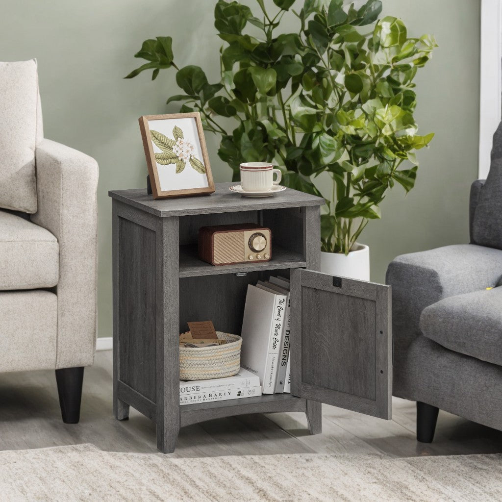 Farmhouse Nightstand with Reversible Barn Door - Bedside Table with Storage Shelf, Open Compartment, Premium MDF, Misty Gray