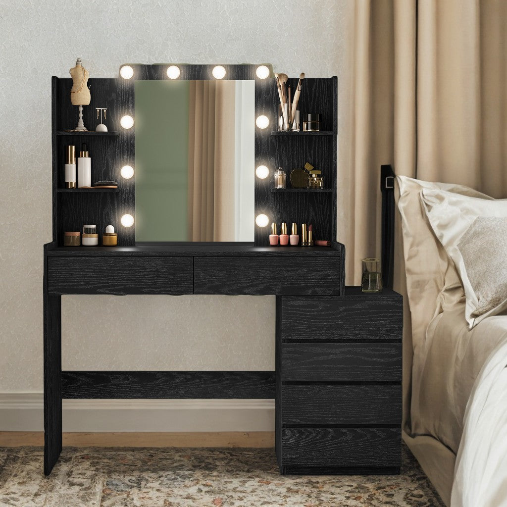 Modern LED Vanity Desk with Mirror - 6 Drawers & 4 Open Shelves, Dimmable Lights (10 Bulbs), Sturdy Particleboard, Easy Assembly, Ebony Black