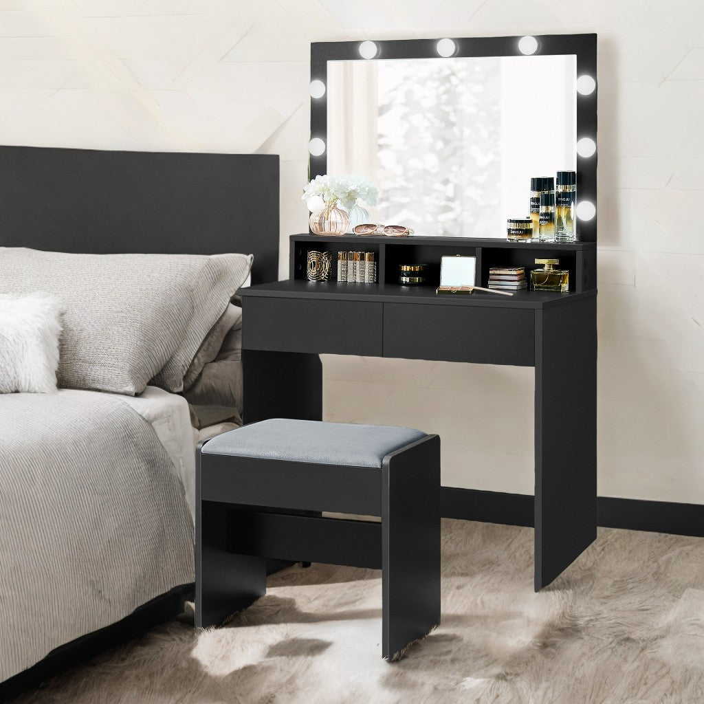 Modern Makeup Vanity Desk with 9 Dimmable LED Lights, Storage Drawers & Stool, for Bedroom & Dressing Room, Ink Black
