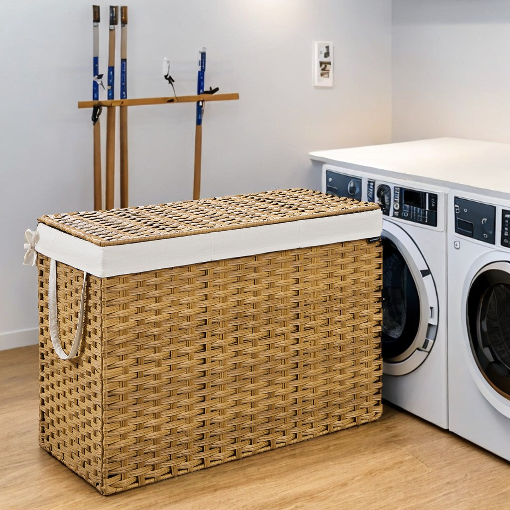 200L Double Laundry Hamper with Lid, 4 Sections & 6 Mesh Bags, Wicker Design, Removable Liners, for Bathroom/Bedroom, Natural