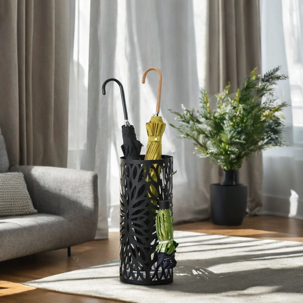 Steel Umbrella Stand, Entryway Organizer with Detachable Drip Tray, 4 Hooks for Canes & Walking Sticks, Freestanding, Matte Black