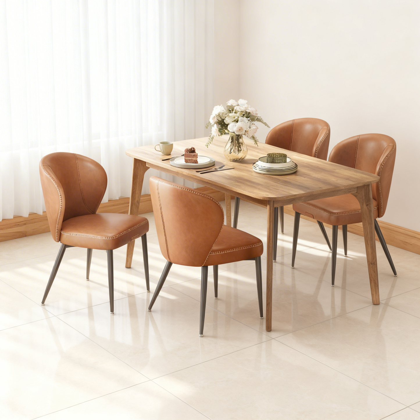 Set of 4 Mid-Century Modern Dining Chairs, Upholstered Kitchen Chairs with Synthetic Leather & Stitching, Award-Winning Design, Caramel Brown
