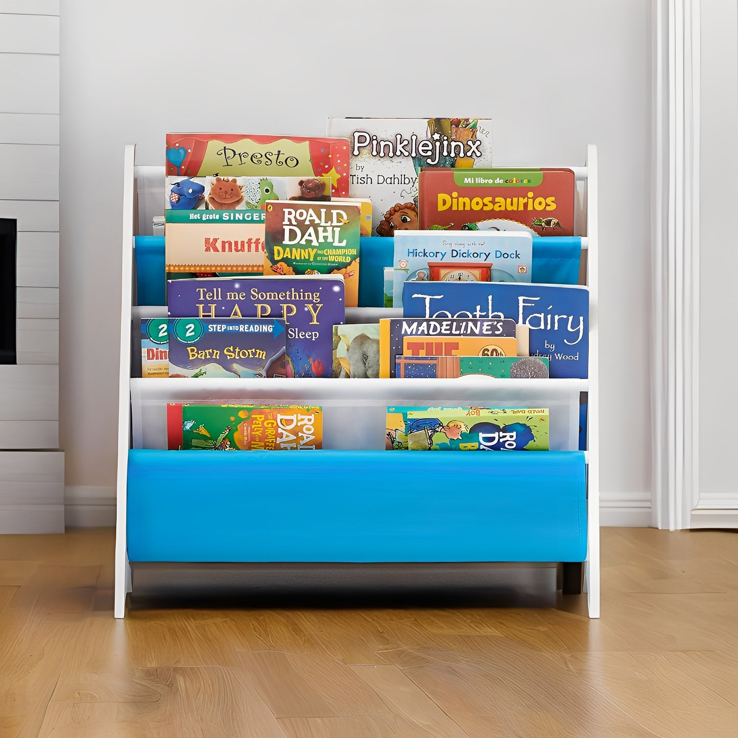 4-Tier Kids Bookcase with Anti-Tip Kit, Space-Saving Bookshelf Organizer for Children's Room, Playroom, Nursery,White, Blue and Gray