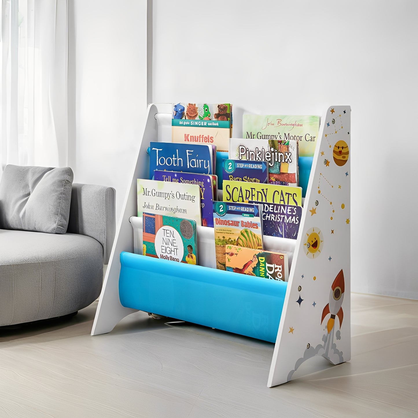 4-Tier Kids Bookcase with Anti-Tip Kit, Space-Saving Bookshelf Organizer for Children's Room, Playroom, Nursery,White, Blue and Gray
