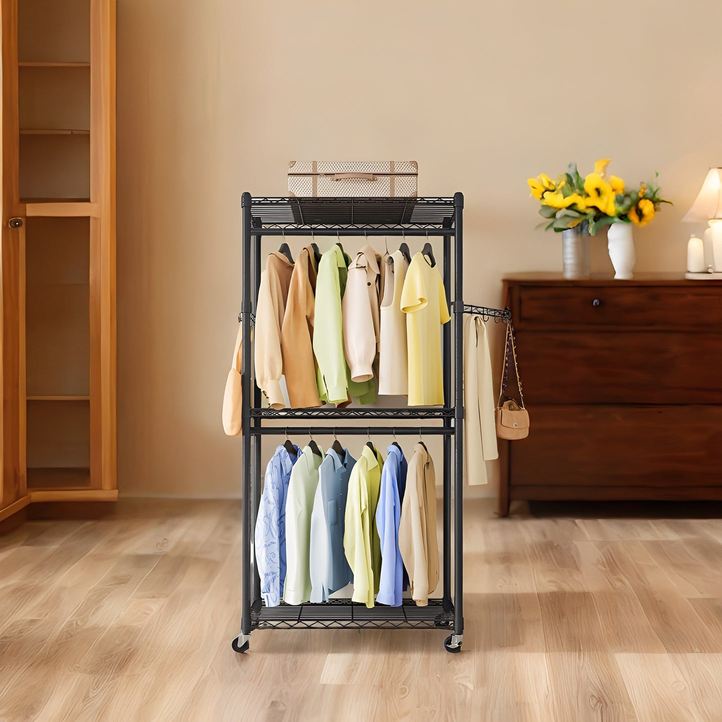 Heavy-Duty Rolling Garment Rack with Adjustable Shelves, 2 Hanging Rails & Wheels, Portable Closet Organizer, Tool-Free Assembly,Black