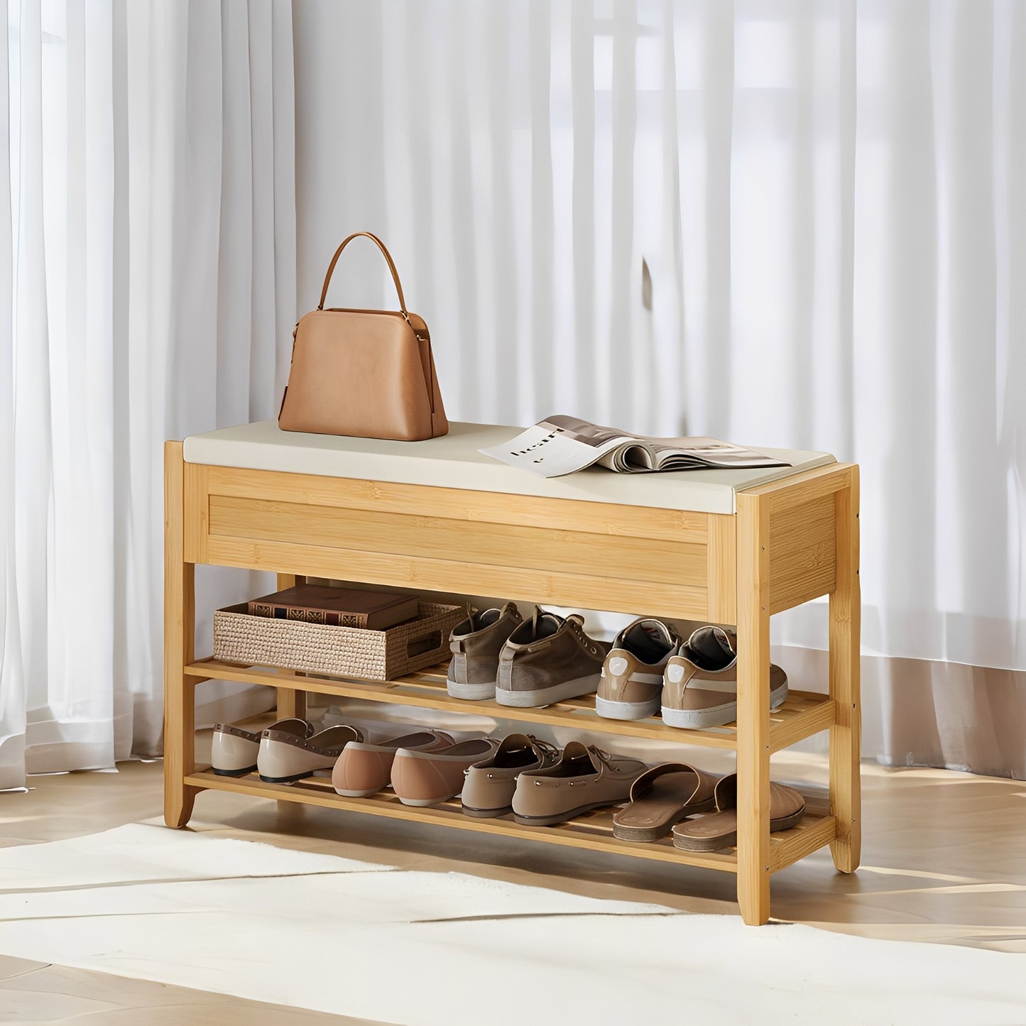 Storage Bench with 2-Tier Shoe Rack, 31.5" Wide Entryway Organizer with Hidden Compartments and Cushioned Seat,Beige