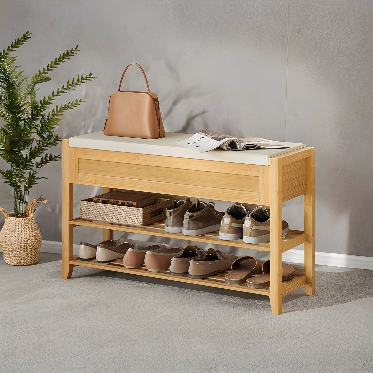 Storage Bench with 2-Tier Shoe Rack, 31.5" Wide Entryway Organizer with Hidden Compartments and Cushioned Seat,Beige