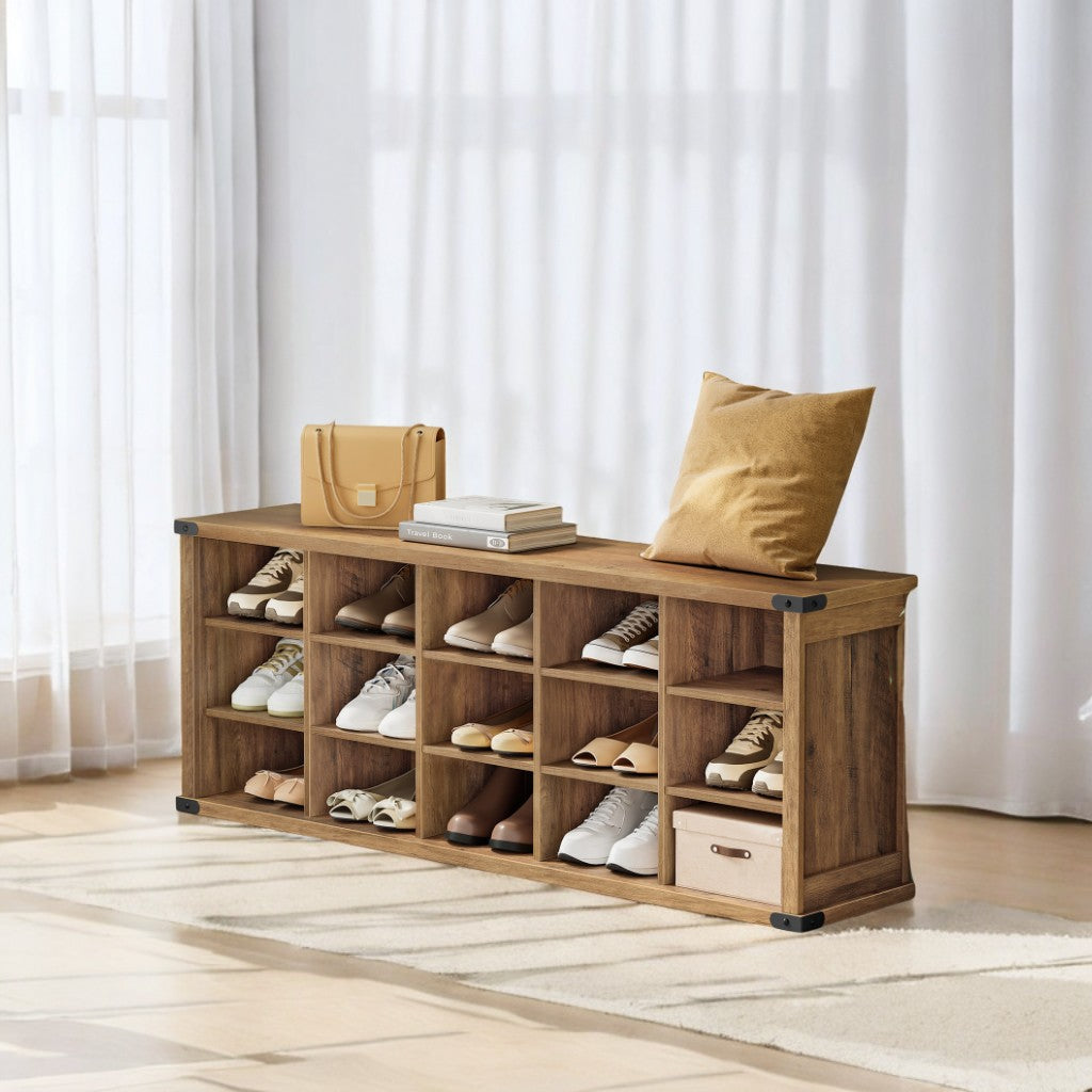 Shoe Storage Bench with 15 Adjustable Compartments, 300lb Capacity Entryway Organizer, for Living Room, Bedroom, Closet Use, Honey Brown