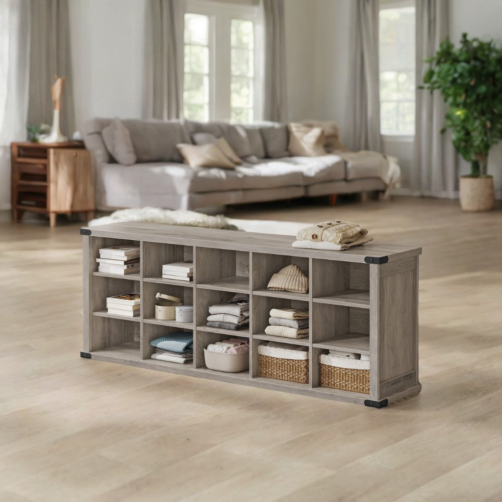 Shoe Storage Bench with 15 Adjustable Compartments, 300lb Capacity Entryway Organizer, for Living Room, Bedroom, Closet Use, Heather Greige