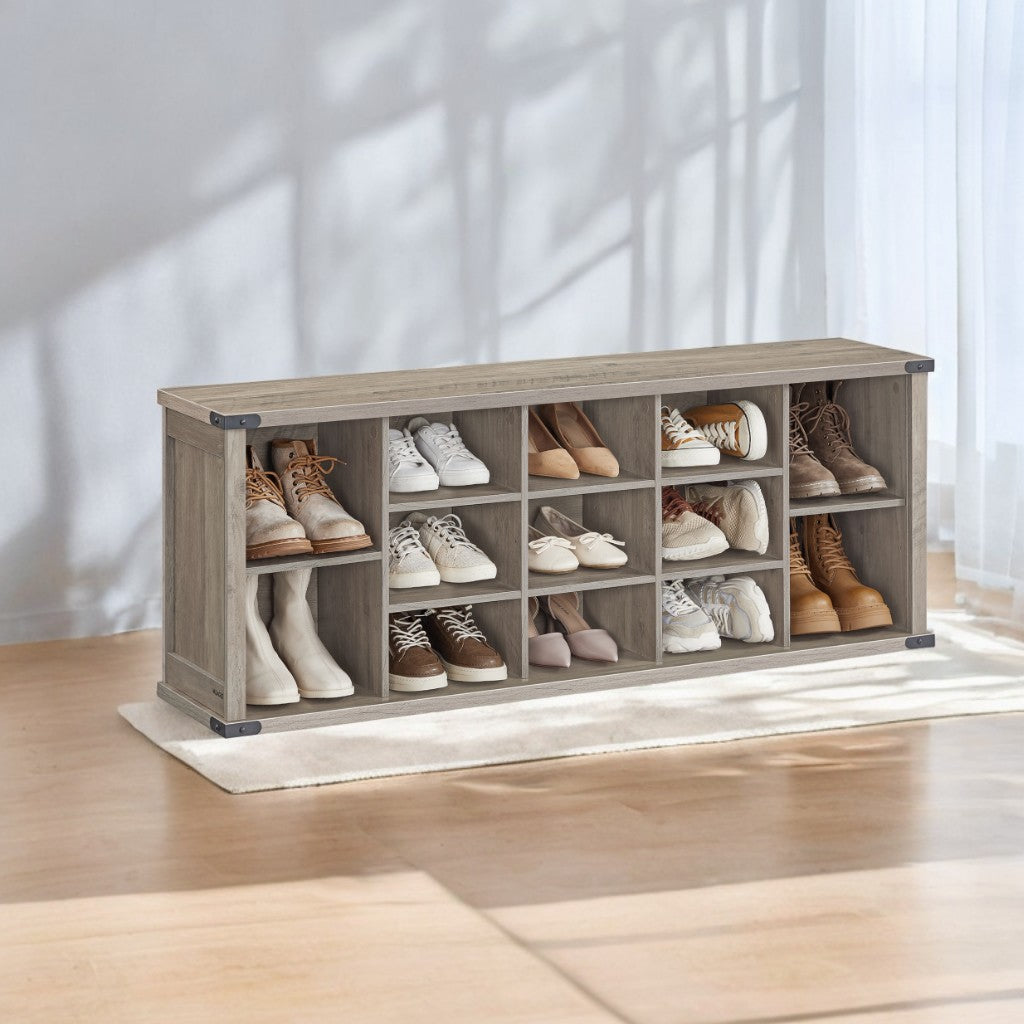 Shoe Storage Bench with 15 Adjustable Compartments, 300lb Capacity Entryway Organizer, for Living Room, Bedroom, Closet Use, Heather Greige