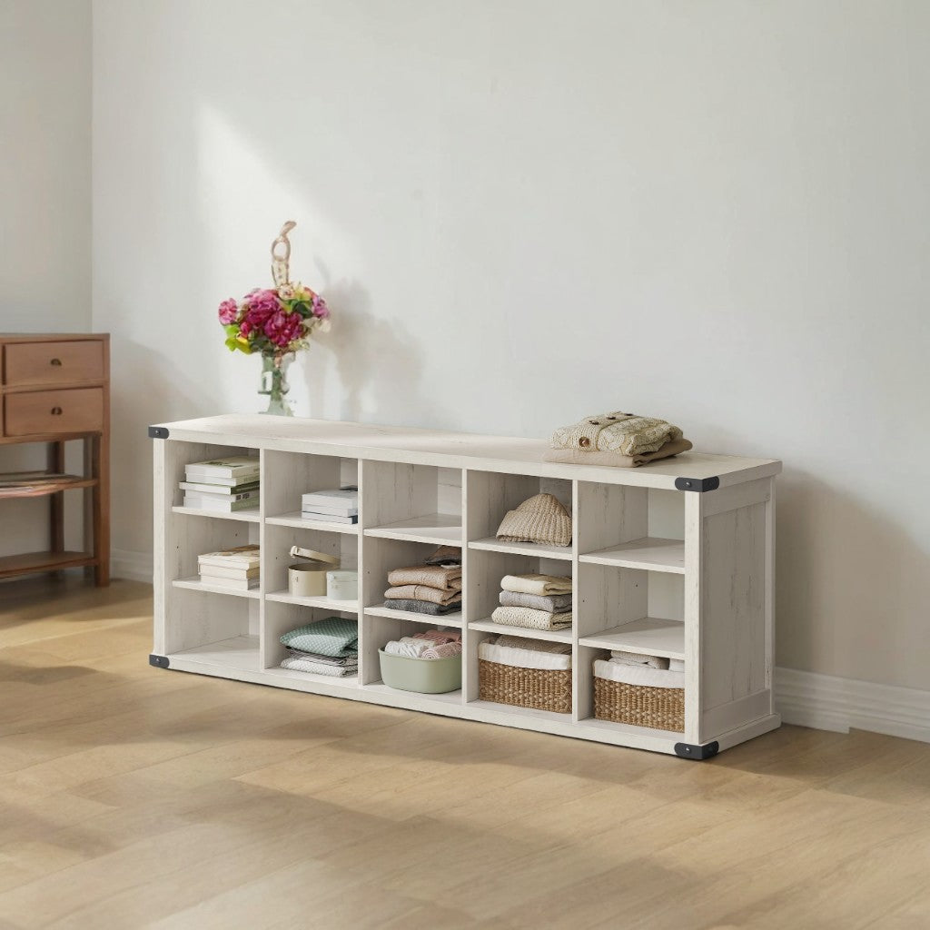 Shoe Storage Bench with 15 Adjustable Compartments, 300lb Capacity Entryway Organizer, for Living Room, Bedroom, Closet Use, Rustic White