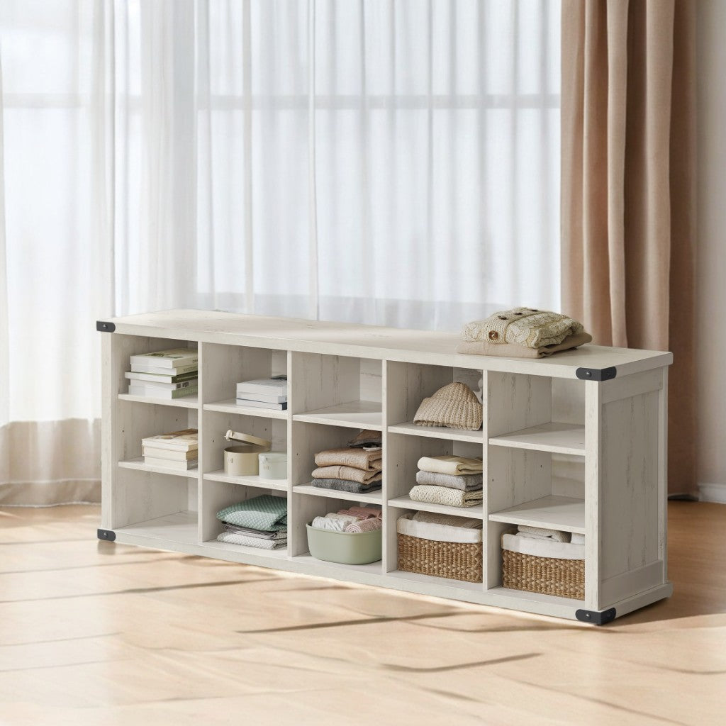 Shoe Storage Bench with 15 Adjustable Compartments, 300lb Capacity Entryway Organizer, for Living Room, Bedroom, Closet Use, Rustic White