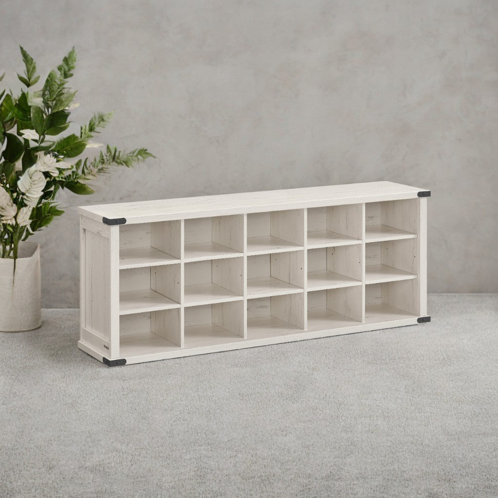 Shoe Storage Bench with 15 Adjustable Compartments, 300lb Capacity Entryway Organizer, for Living Room, Bedroom, Closet Use, Rustic White