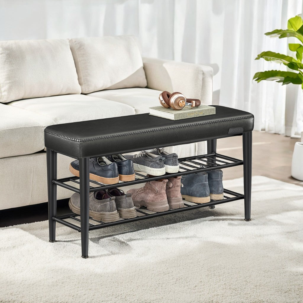 Shoe Rack Bench, Mid-Century Modern Storage Bench with 3-Tier Shelf, 300-lb Capacity Entryway Organizer,Ink Black