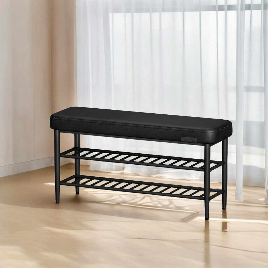 Shoe Rack Bench, Mid-Century Modern Storage Bench with 3-Tier Shelf, 300-lb Capacity Entryway Organizer,Ink Black
