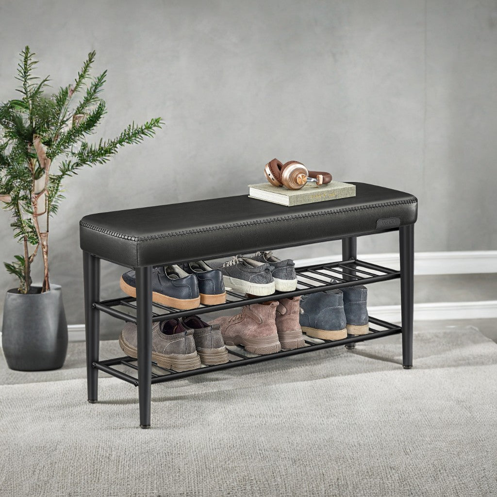 Shoe Rack Bench, Mid-Century Modern Storage Bench with 3-Tier Shelf, 300-lb Capacity Entryway Organizer,Ink Black