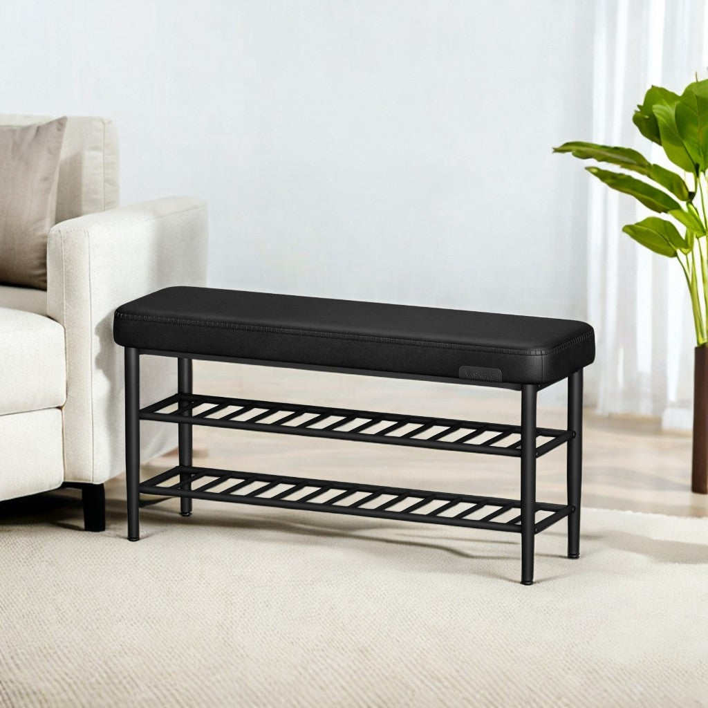 Shoe Rack Bench, Mid-Century Modern Storage Bench with 3-Tier Shelf, 300-lb Capacity Entryway Organizer,Ink Black