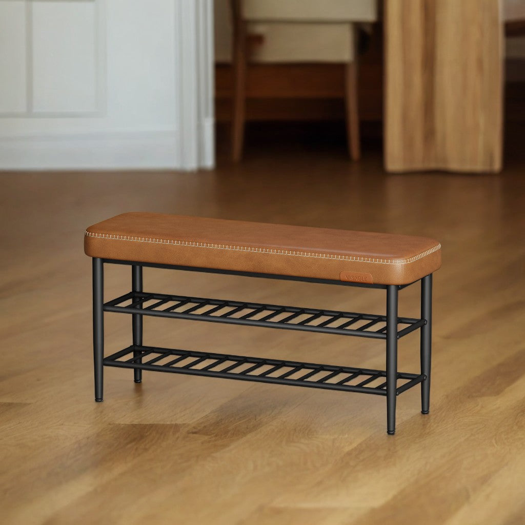 Shoe Rack Bench, Mid-Century Modern Storage Bench with 3-Tier Shelf, 300-lb Capacity Entryway Organizer,Caramel Brown
