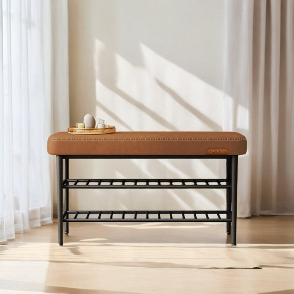 Shoe Rack Bench, Mid-Century Modern Storage Bench with 3-Tier Shelf, 300-lb Capacity Entryway Organizer,Caramel Brown