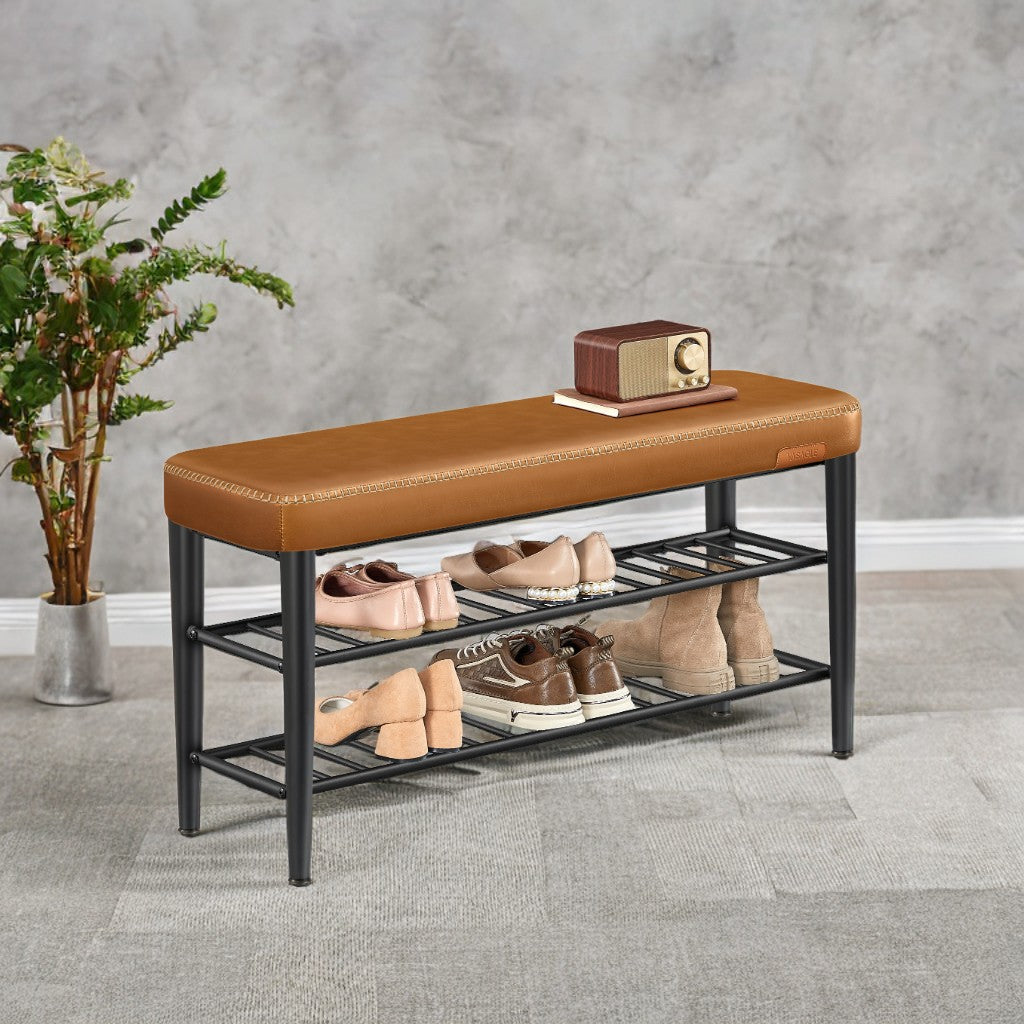 Shoe Rack Bench, Mid-Century Modern Storage Bench with 3-Tier Shelf, 300-lb Capacity Entryway Organizer,Caramel Brown