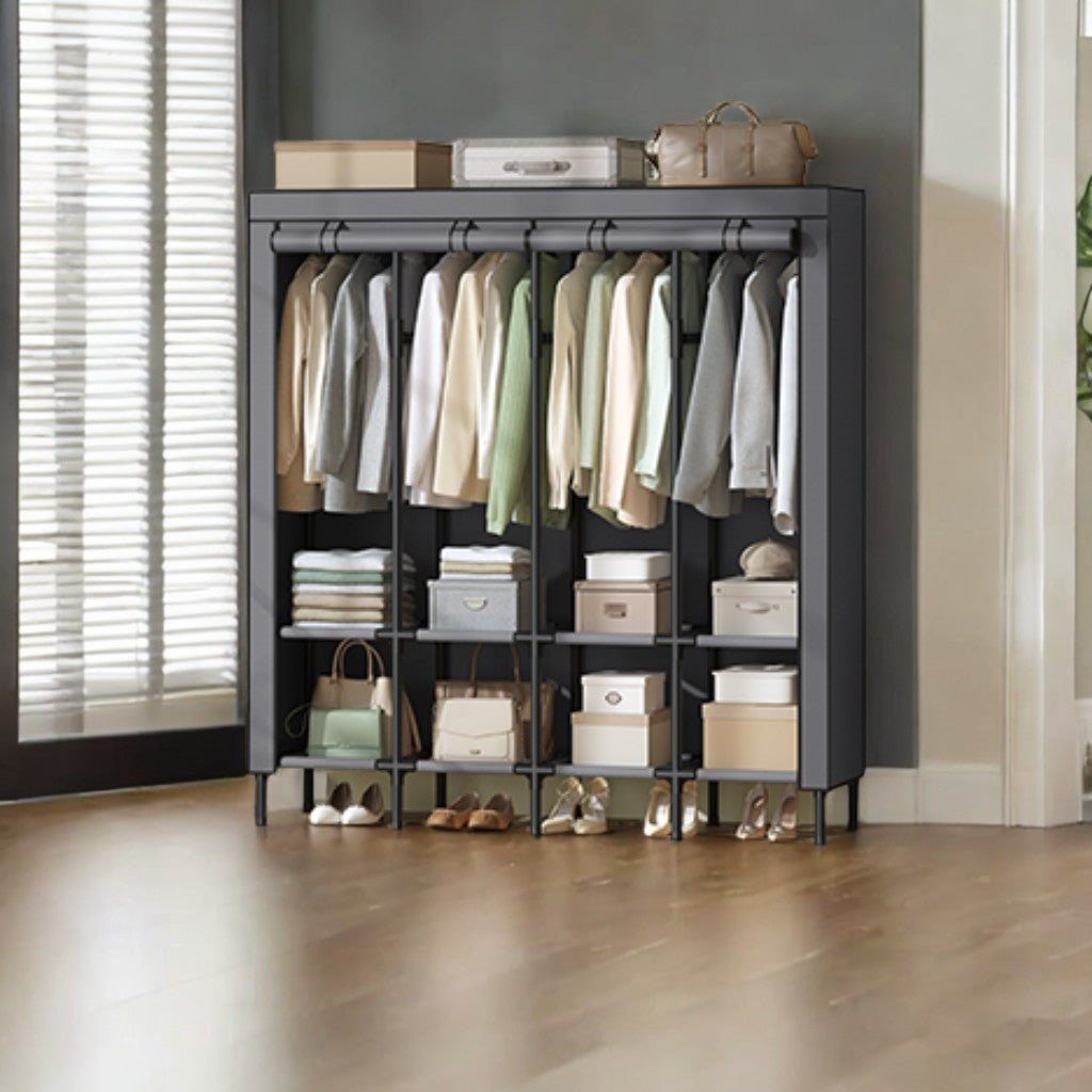 Large Wardrobe Closet Organizer with 4 Rails & 8 Shelves, Freestanding Portable Clothing Rack with Fabric Cover,Dove Gray