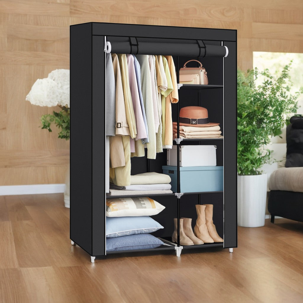 Large Fabric Wardrobe Closet with Hanging Rod & Shelves, Portable Storage Organizer for Bedroom/Living Room, Easy No-Tool Assembly, Black