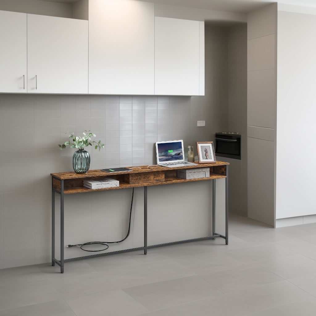 Slim Charging Console Table with Built-in Outlets & USB Ports, Multi-Level Shelves, for Living Room, Entryway, Behind Couch, Rustic Brown and Black