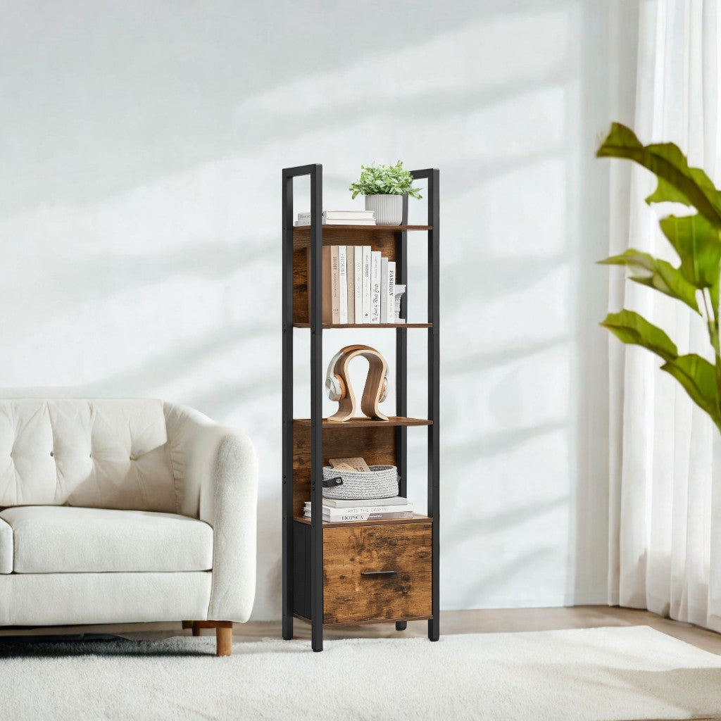 5-Tier Industrial Bookshelf with Fabric Drawer, Steel Frame Storage Bookcase & Display Shelf, 65 Inch, Rustic Brown & Black