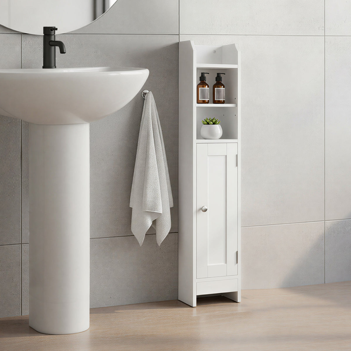 LEDREM Corner Bathroom Cabinet with Door and Adjustable Shelves, Narrow Storage Organizer for Toilet Paper, White