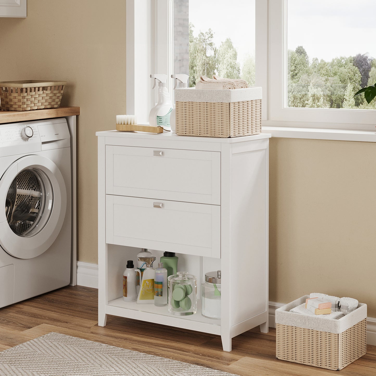 Floor Storage Cabinet, 23.6 Inch Freestanding Organizer with 2 Drawers, Adjustable Dividers & 2 Rattan Baskets, Sideboard for Bathroom Living Room, Cloud White
