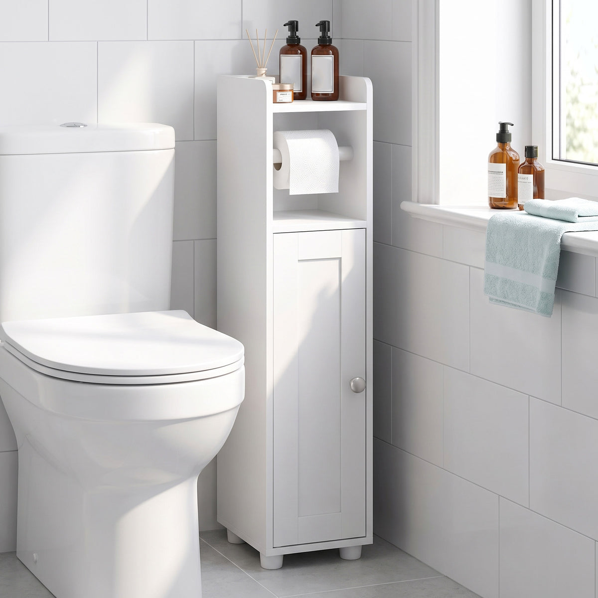 Bathroom Storage Cabinet, Slim Freestanding Cabinet with Door, Tool-Free Assembly, 7.9 x 7.9 x 31.9 inches, Cloud White