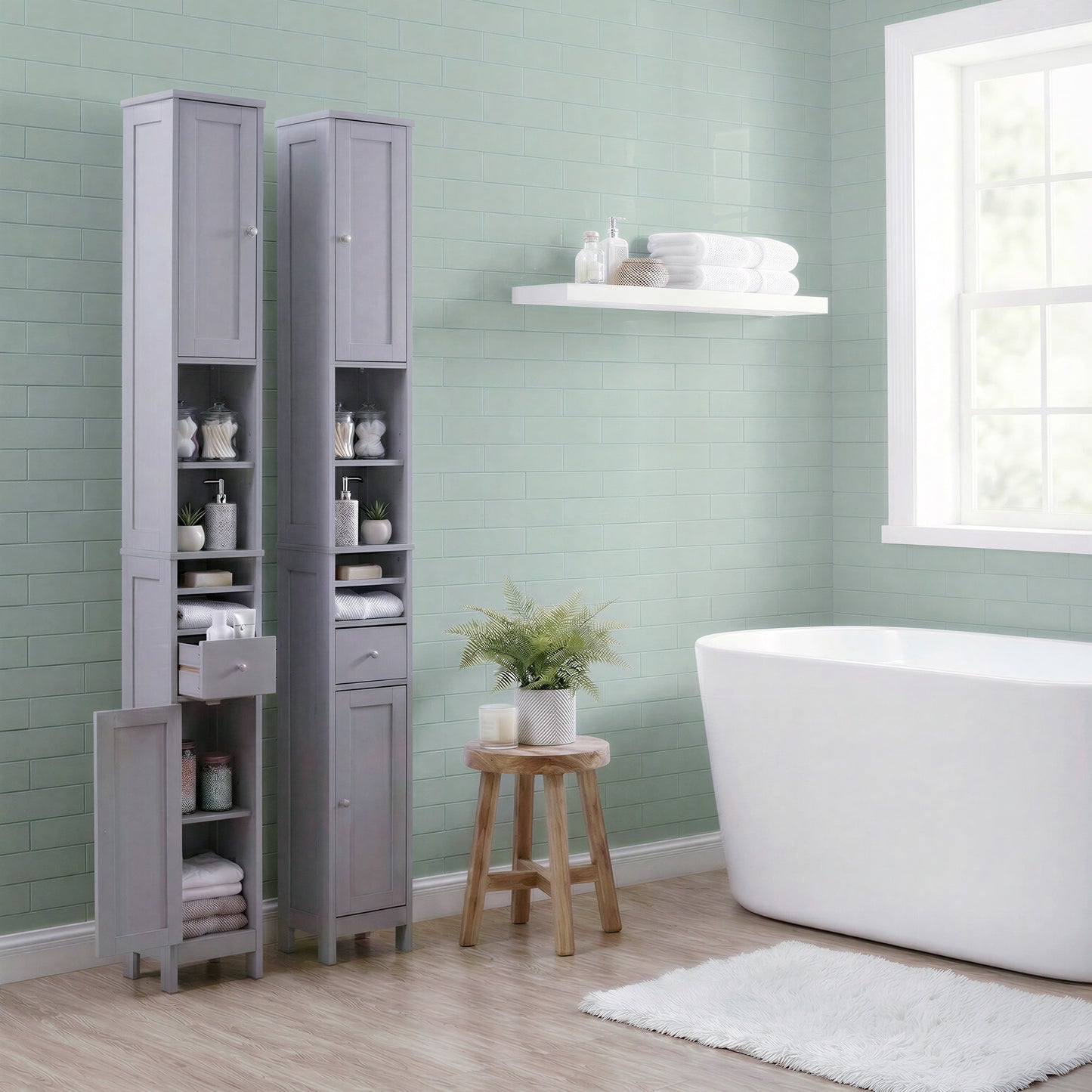 Slim Tall Bathroom Cabinet with 5-Level Adjustable Shelves, Freestanding Storage Unit with Drawer and Open Compartments, Dove Gray