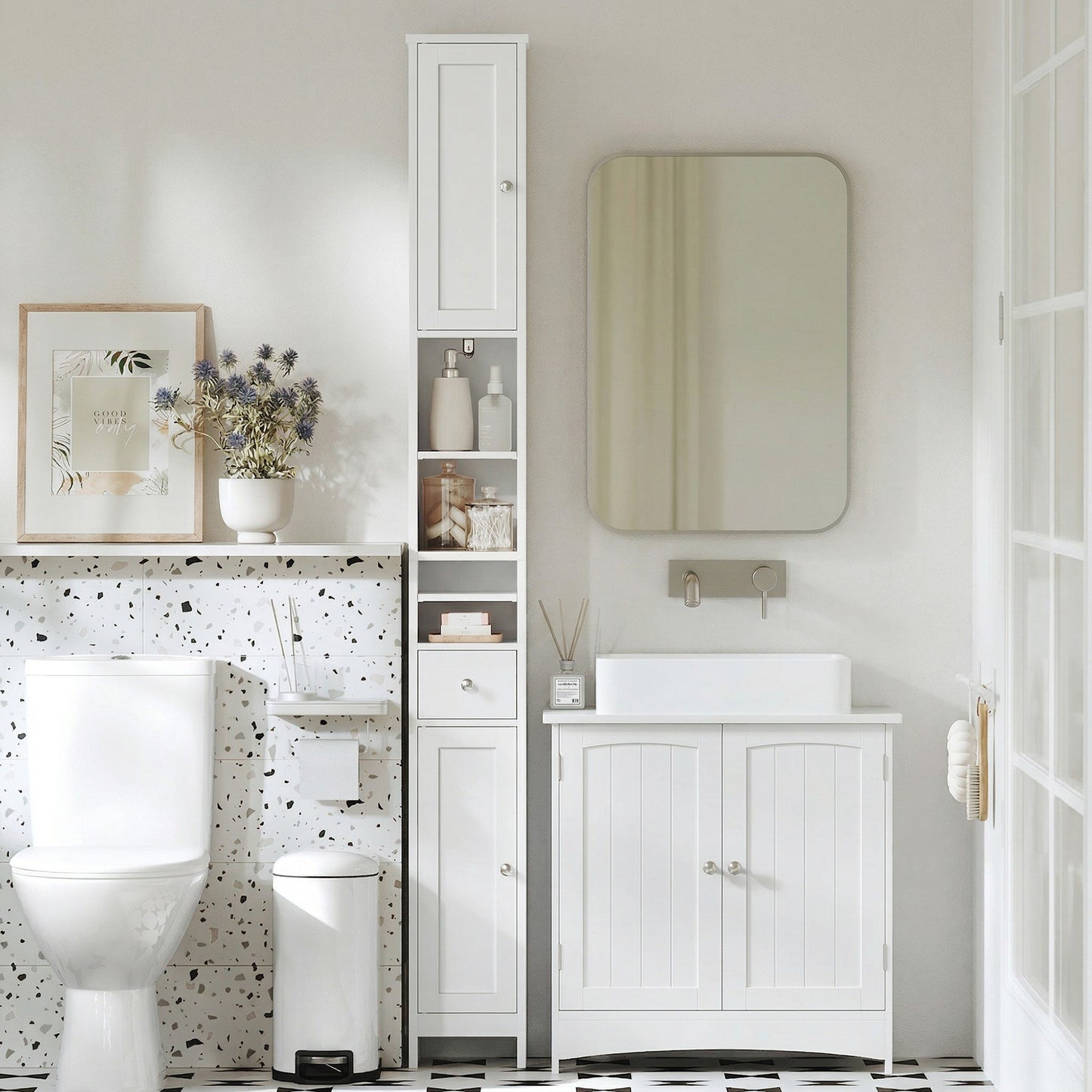 Slim Tall Bathroom Cabinet with 5-Position Adjustable Shelves, Freestanding Storage Unit with Drawer and Open Compartments, Cloud White