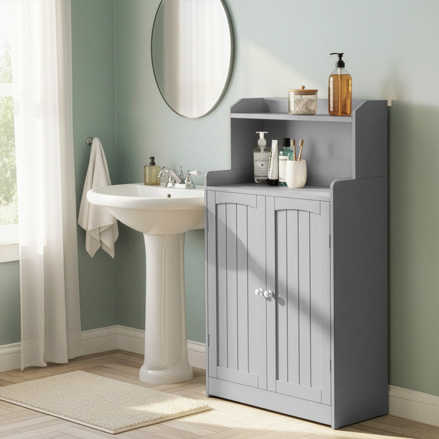 39.4 Inch Tall Storage Cabinet, Freestanding Floor Organizer with 2 Doors & Adjustable Shelves, for Bathroom Kitchen Living Room, Dove Gray