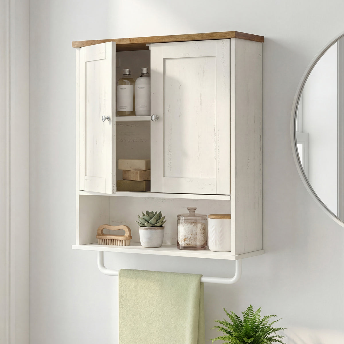 LEDREM Wall Cabinet with 4 Adjustable Shelves and Doors, Medicine Storage Organizer, for Bathroom, White and Tan