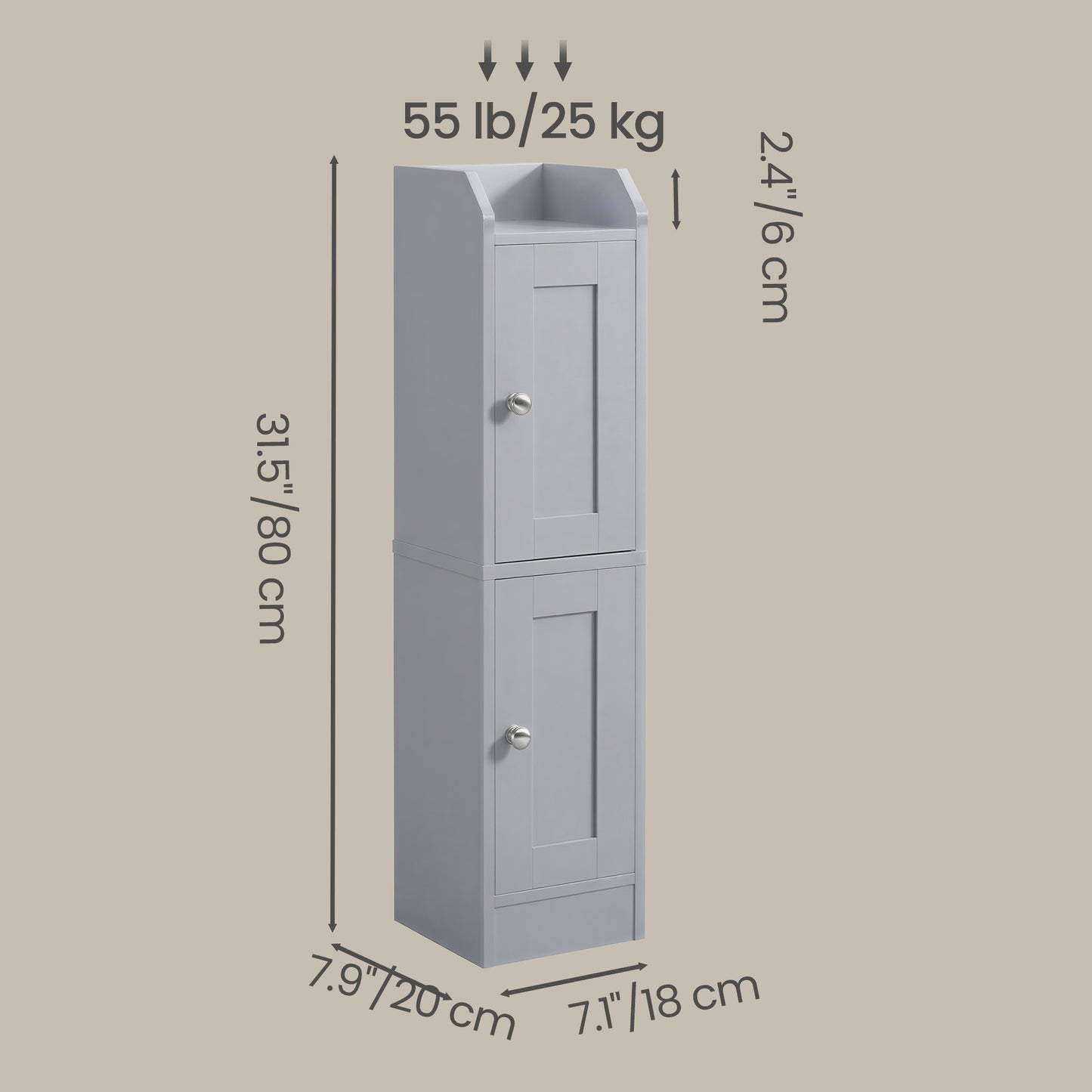 Slim Storage Cabinet with Reversible Doors, Narrow Corner Floor Cabinet, Small Farmhouse Organizer, Adjustable Shelves, Dove Gray