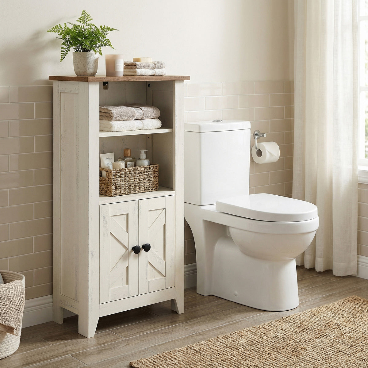 Farmhouse Storage Cabinet, Freestanding Kitchen Pantry with 2 Doors and 2 Open Compartments, 15.7 x 8.5 x 33.7 inches, Rustic White and Honey Brown